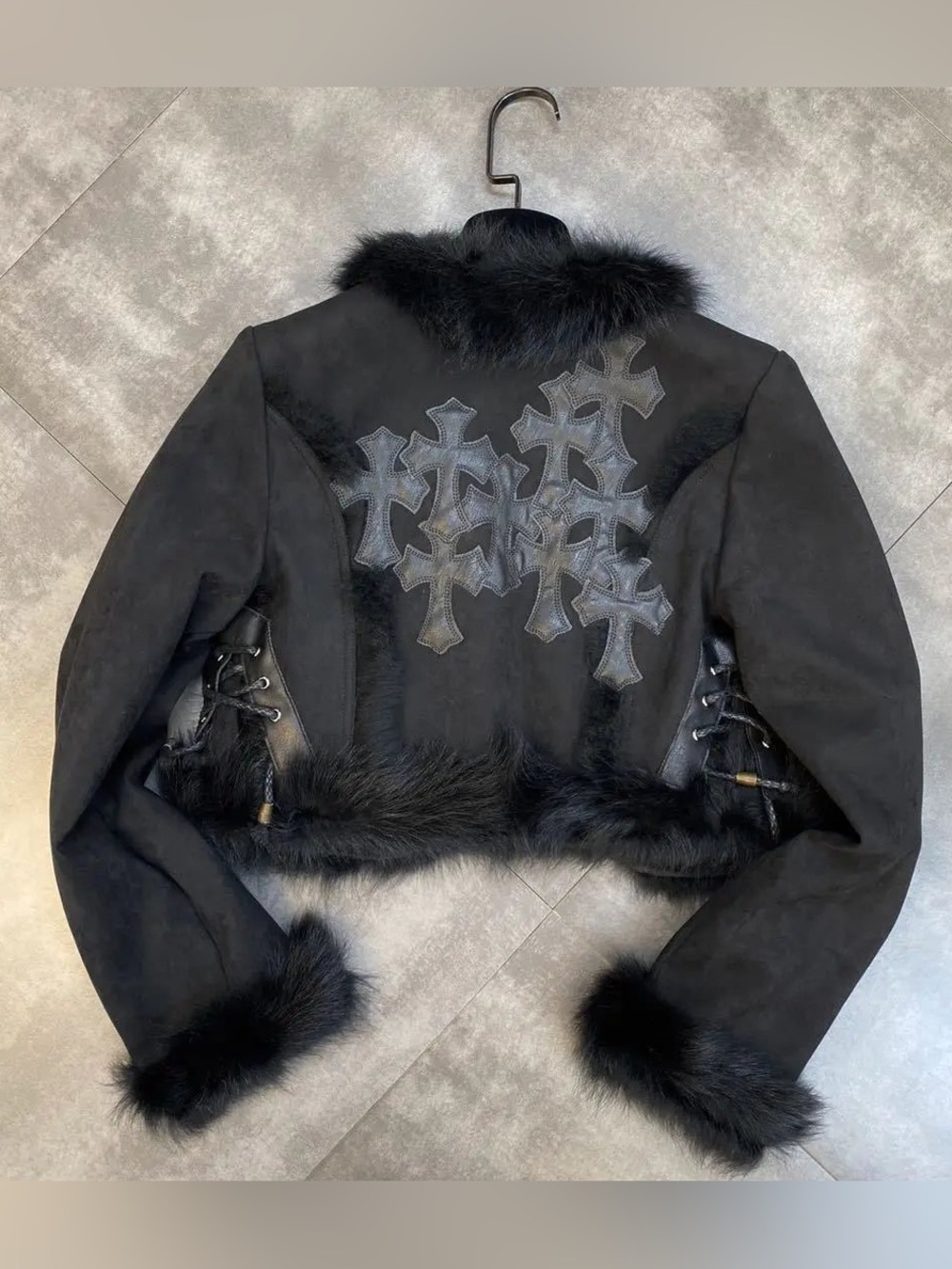 Black Fur-Trim Cropped Jacket with Cross Appliqué